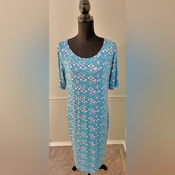 LuLaRoe Dresses & Skirts - Lularoe Julia Teal Blue White Short Sleeve Casual Midi Dress Size XL